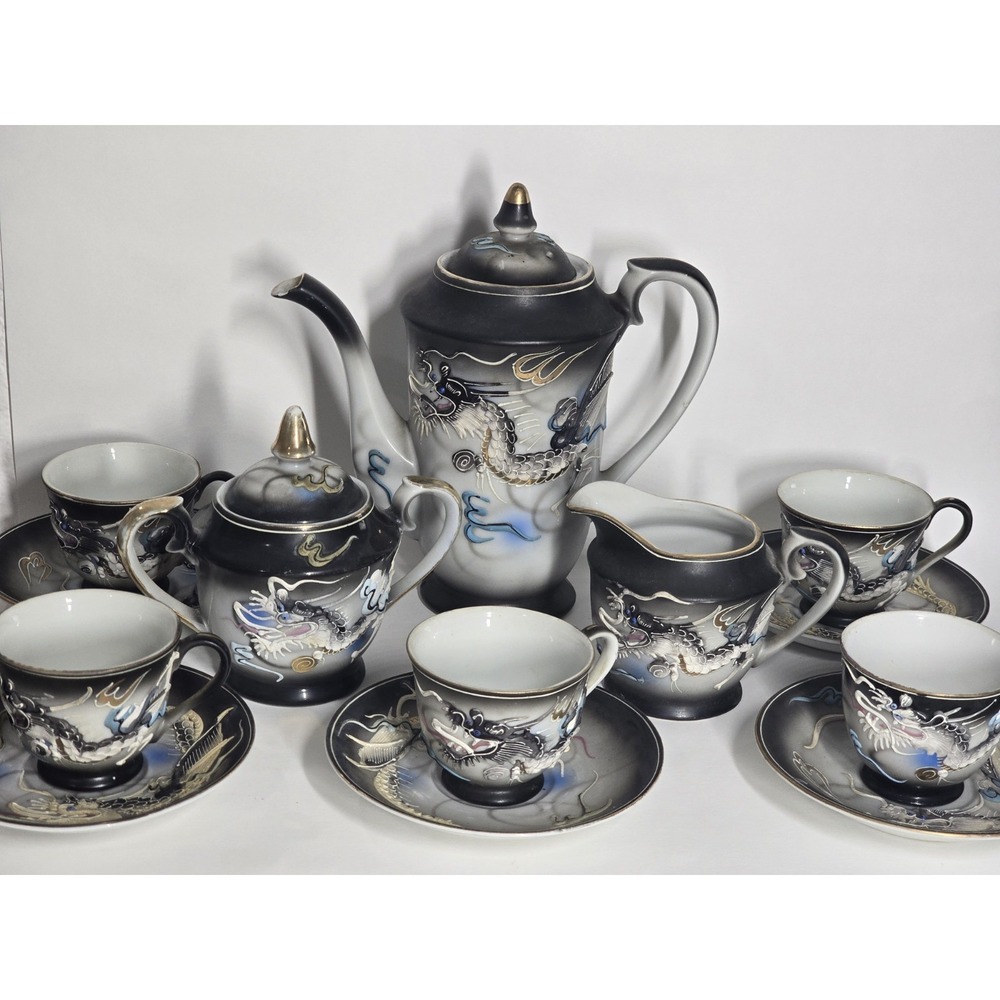 *chipped Japanese Tea Set Japan Dragonware Demitasse Moriage Hand Painted gothic